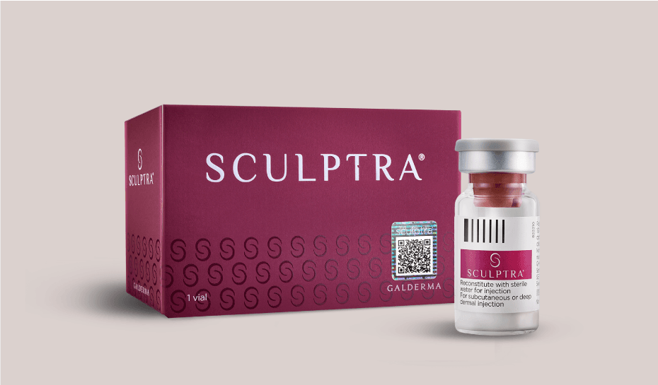 Sculptra de Galderma: caja y vial de ácido poli-L-láctico